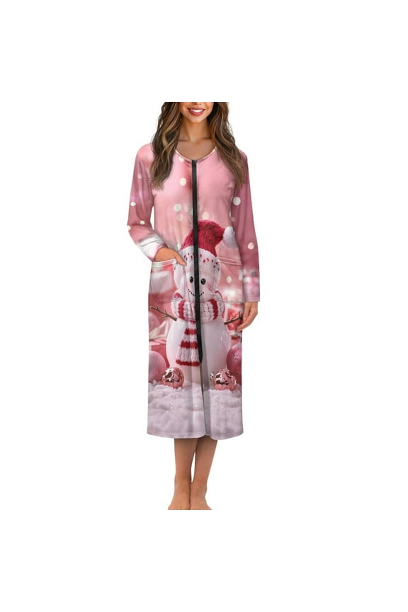 Womens Snowman Robes Pink Zipper Front Night Gowns Christmas Long Sleeve Robe for Women After Shower Dressing Gown Soft Ladies Bathrobe Sleepwear Size S