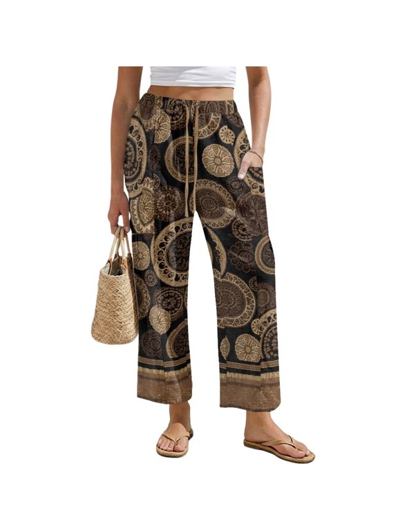 Womens Straight Leg Linen Trousers Petite Lightweight Breathable Palazzo Trousers Dressy Drawstring Lounge Pants Western Tribal Outfits, Brown Aztec, Size XL