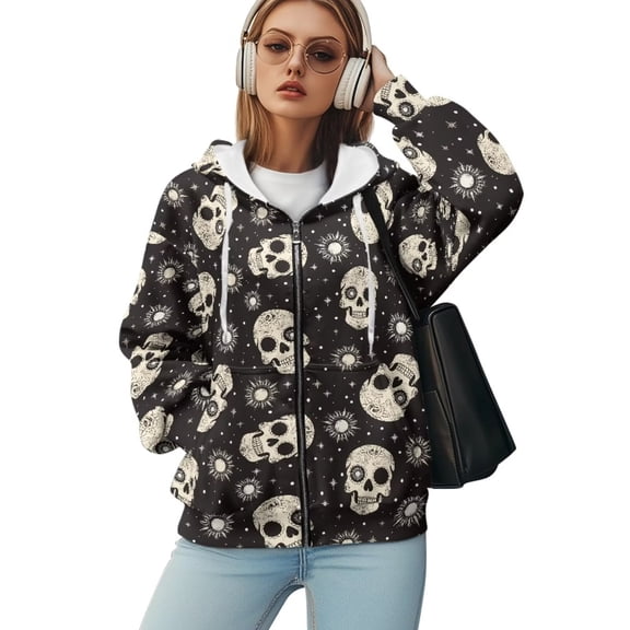 Yuyamidu Womens Sweatshirts Skull Hoodie Y2k Black Zip Up Hoodie Women Fashion Oversized Hoodies Full Zip Hoodies for Women Off Shoulder Sweatshirt L