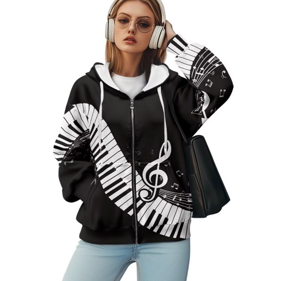 Yuyamidu Womens Sweatshirts Zip Up Hoodie Women Oversized Sweatshirt Music Note Black Jacket Women Apparel Crew Neck Plus Size Oversized Sweatshirt with Zipper XL