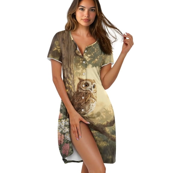 Yuyamidu Womens Tshirt Nightgown Owl Pattern Sleepshirts Comfy Casual Night Shirts Ladies Knee Length Print Nightdress Plus Size