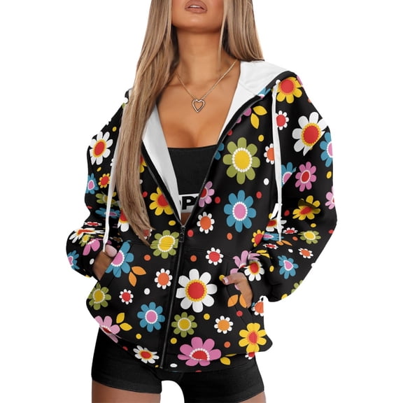 Yuyamidu Womens Zip Up Hoodies Floral Jackets for Women Hippie Hoodie Zip Up Hoodie Women Oversized Sweatshirt Womens Plus Size Sweatshirts with Zipper XS