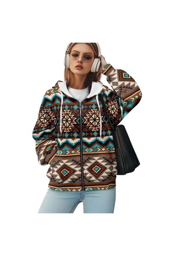 Womens Zip Up Hoodies 2025 Oversized Hoodie for Women Trendy Hooded Southwestern Tribal Geometry Sweatshirts Fall Winter Zipper Y2k Jacket