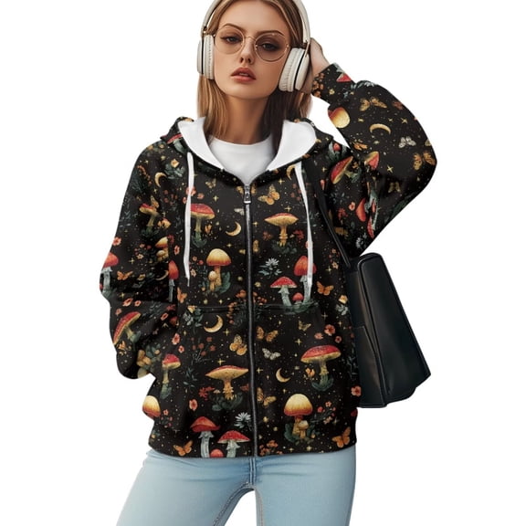 Yuyamidu Womens Zip Up Hoodies Mushroom Hoodie Oversized Sweatshirt Zip Up Jackets for Women Trendy XL