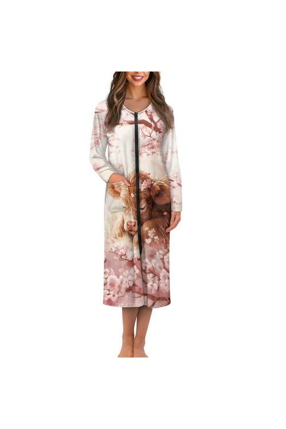 Womens Zipper Robe Highland Cow Bathrobe Pink Flower Sleepwear Gown Lightweight Long Sleeve Robes for Women Plus Size 2XL Ladies Long Night Gowns
