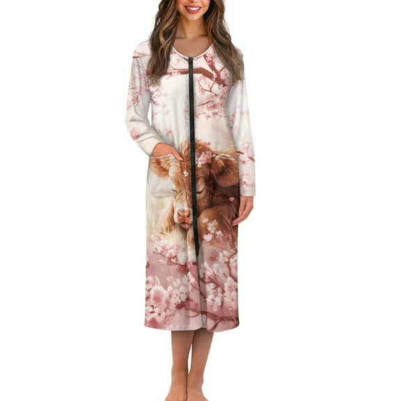 Yuyamidu Womens Zipper Robe Highland Cow Bathrobe Pink Flower Sleepwear Gown Lightweight Long Sleeve Robes for Women Plus Size XL Ladies Long Night Gowns