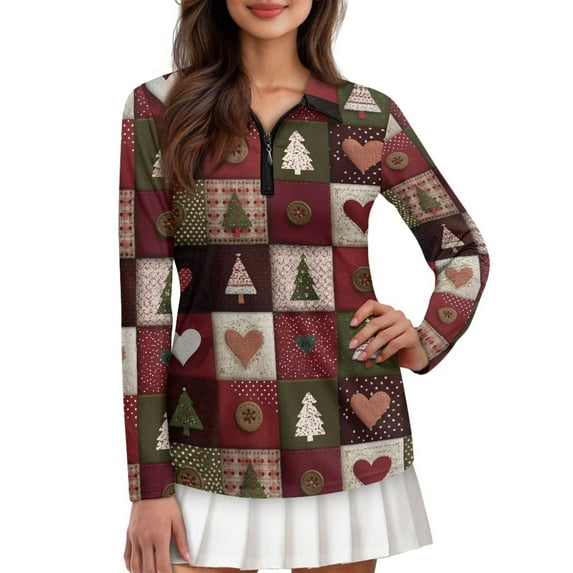 Yuyamidu Xmas Buffalo Grid 1/4 Zip Golf Shirts Pullover for Women Relaxed Fit Outdoor Running Sweatshirts Christmas Gym Workout Jogging Exercise Tops Size XS