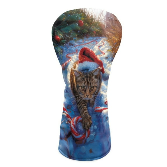 Yuyamidu Xmas Cat Golf Club Head Cover with Soft Lining Candy Canes Hybrid Fairway Woods Driver Headcover Christmas PU Leather Golf Club Cover for Women Men Gifts