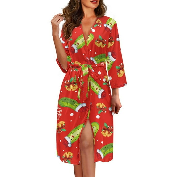 Yuyamidu Xmas Cucumber Bathrobes for Women 3/4 Sleeve Robes Size 2XL Christmas Nightgown with Waist Belt Kimono Robe Lightweight V Neck Sleep Dress, Red
