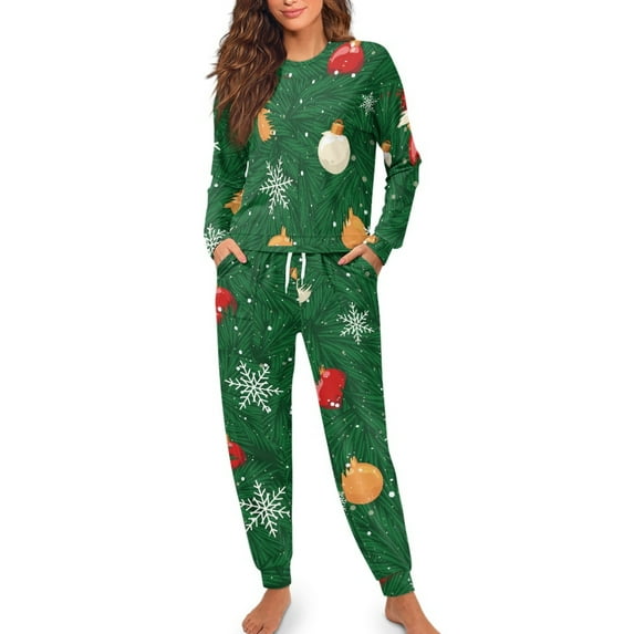 Yuyamidu Xmas Light Women Nightwear Set of 2 Christmas Pj Size M Green Crewneck Pajama Women's Long Sleeve Sleep Set Christmas Sleepwear with Pockets