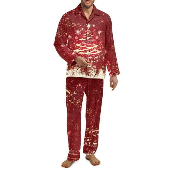 Yuyamidu Xmas Tree Mens Button Down Pajamas Sets Size 4XL 2 PCS Christmas Casual Long Sleeve Lounge Wear Snowflake Sleep Tops & Long Pants with Pockets, Red