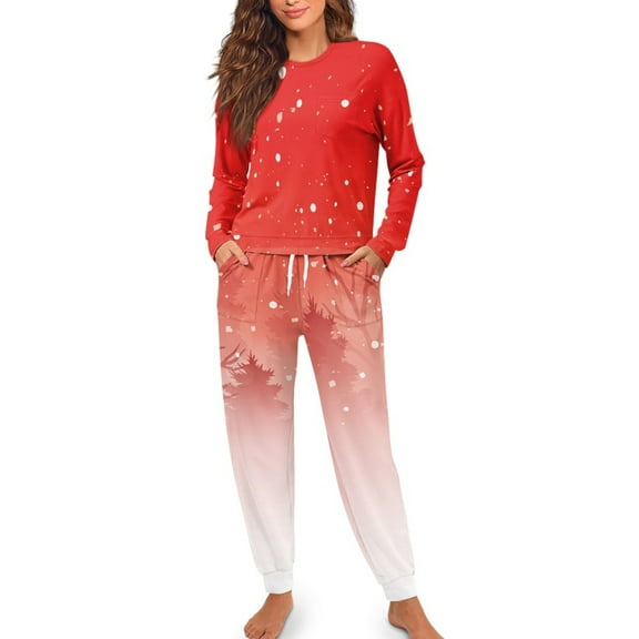 Yuyamidu Xmas Tree Sleepwear Set Christmas Pajamas for Women Size M Red Crewneck Long Sleeve Pajama Outfits Cozy Sleep Set of 2 Fall Winter Jogger Sleep Wear for Ladies