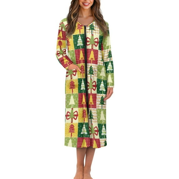 Yuyamidu Xmas Tree Womens Robes Buffalo Grid Zipper Front Long Robe Christmas Long Sleeve Bathrobe Lightweight Sleepwear Gowns Size M Loose Loungewear Dress