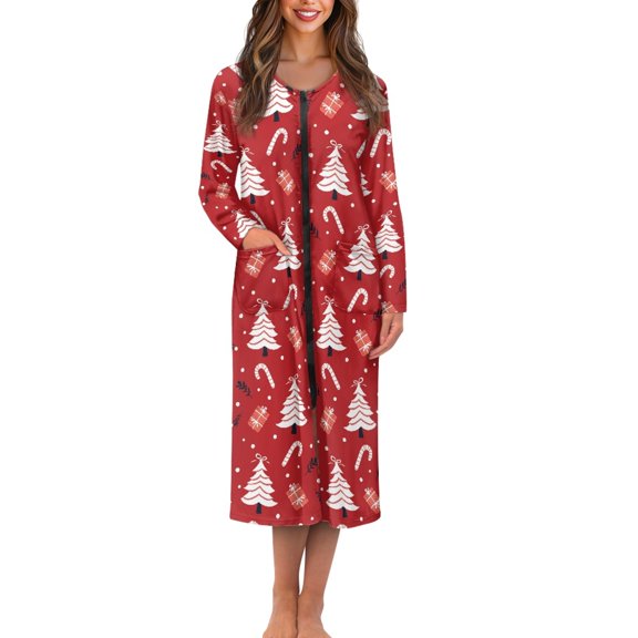 Yuyamidu Xmas Tree Zipper Front Robes for Women with Pockets Candy Canes Bathrobe Christmas Long Sleeve Robe Size M Lightweight House Coat Res Mid-Calf Length Nightgown