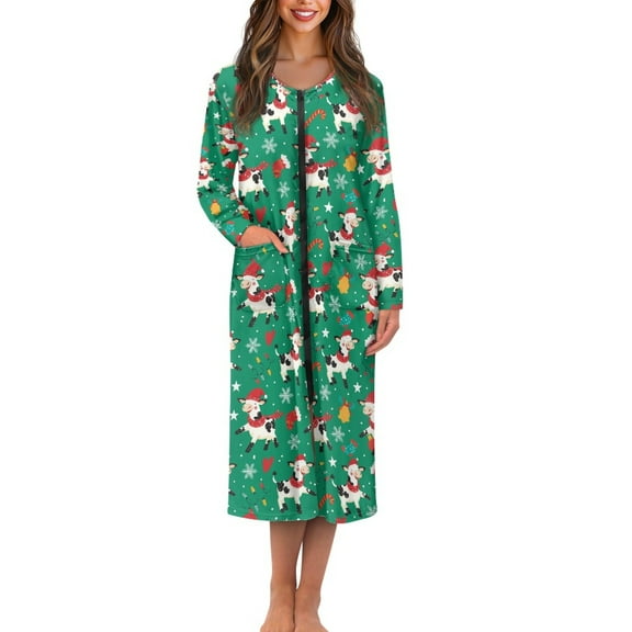 Yuyamidu Xmas Xow Long Sleeve Zipper Bathrobe for Women After Shower Christmas Robes Dress Womens Lingerie Robes Candy Canes Long Dressing Gown Size 3XL, Green
