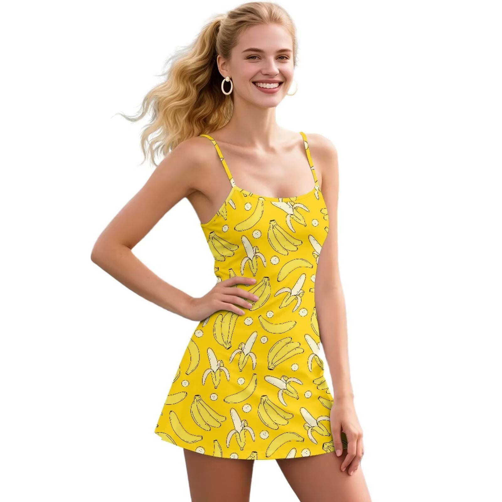 Yuyamidu Yellow Banana Tennis Dress with Built in Shorts, Soft Sleeveless Athletic Backless Dress for Women Size 2XL Golf Athletic Dresses with Pockets Golf Outfits