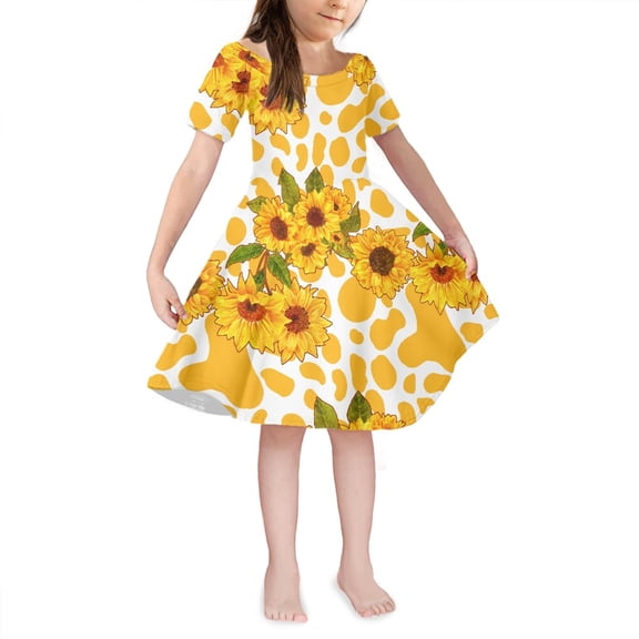 Yuyamidu Yellow Cow Print Princess Dress Up Clothes for Little Girls 7-8 Years Sunflower A-Line Swing Dress Comfy Spring Summer Outdoor Kids Dress Soft Skater Dress