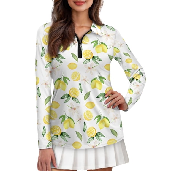Yuyamidu Yellow Lemon Women's Long Sleeve Golf Shirts Flowers Athletic Tennis Shirts Soft Quarter Zip Golf Clothes Workout Pullover Tops Size M