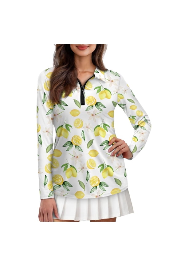 Yellow Lemon Women's Long Sleeve Golf Shirts Flowers Athletic Tennis Shirts Soft Quarter Zip Golf Clothes Workout Pullover Tops Size XS
