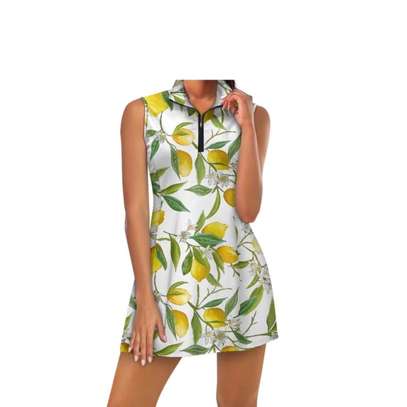 Yuyamidu Yellow Lemon Womens Tennis Dress Summer Golf Dress with Built in Shorts Fashion Sleeveless Workout Athletic Dresses with Pocket Size L