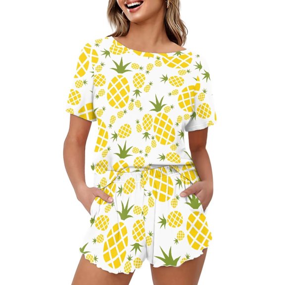 Yuyamidu Yellow Pineapple Short Sleeve Pajama Sets for Women Crew Neck PJs with Pocket Shorts Summer Sleepwear Set Casual Loungewear