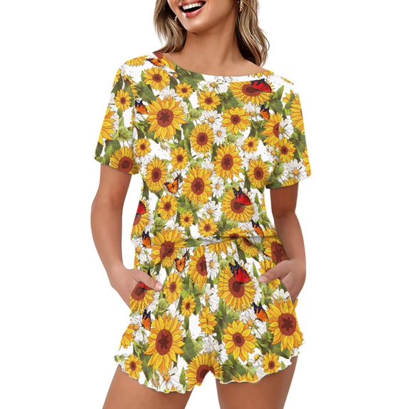 Yuyamidu Yellow Sunflower Women's Pajama Set Short Sleeve Tops & Lounge Shorts Casual Breathable Sleepwear Two-Piece