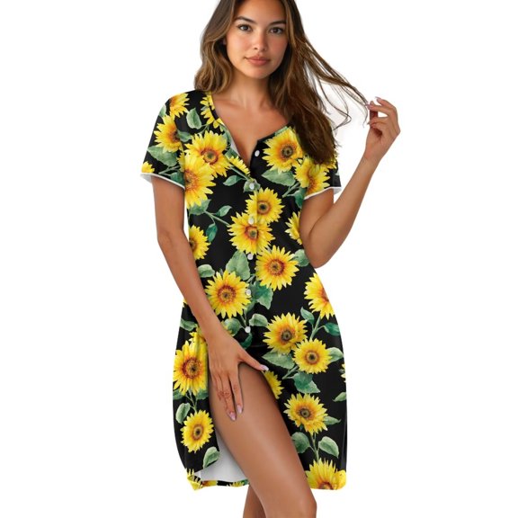 Yuyamidu Yellow Sunflower Womens Nightgown Crew Neck Button Sleep Shirts Soft Lounge Dress Comfortable Breathable Nightshirts