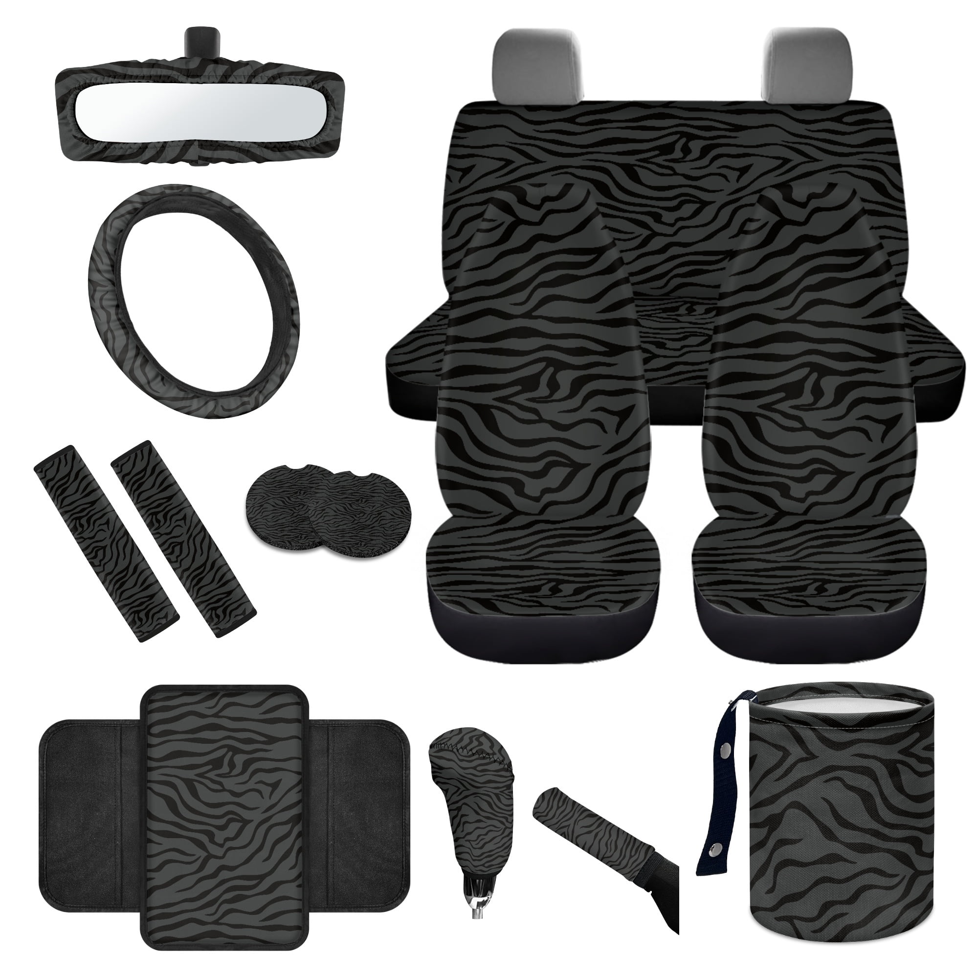 Yuyamidu Zebra Stripe Car Seat Cover Set Black Steering Wheel Cover Seat Belt Strap Cover Garbage Bin Auto Center Console Pad Cover Rearview Mirror Cover Coasters Gear Shift Knob Cover Set, 14 Pack