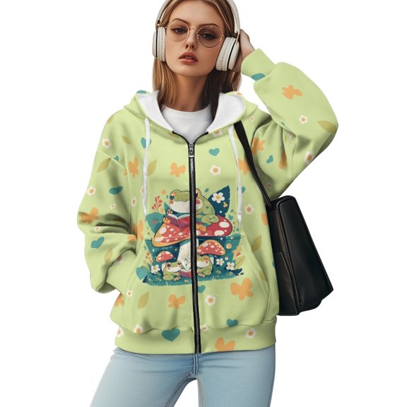 Yuyamidu Zip Up Sweatshirt Women Cute Hoodies Frog Hoodie Womens Zip Up Y2K Hoodies Long Sleeve Fall Oversized Casual Drawstring Drop Shoulder Sweatshirts Jacket with Pockets S