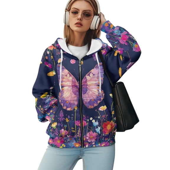 Yuyamidu Zip Up Sweatshirt Women Clothes Butterfly Hoodie Plus Size Clothes Oversized Hoodies Women's Winter Jackets Womens Zipper Sweatshirt 2XL