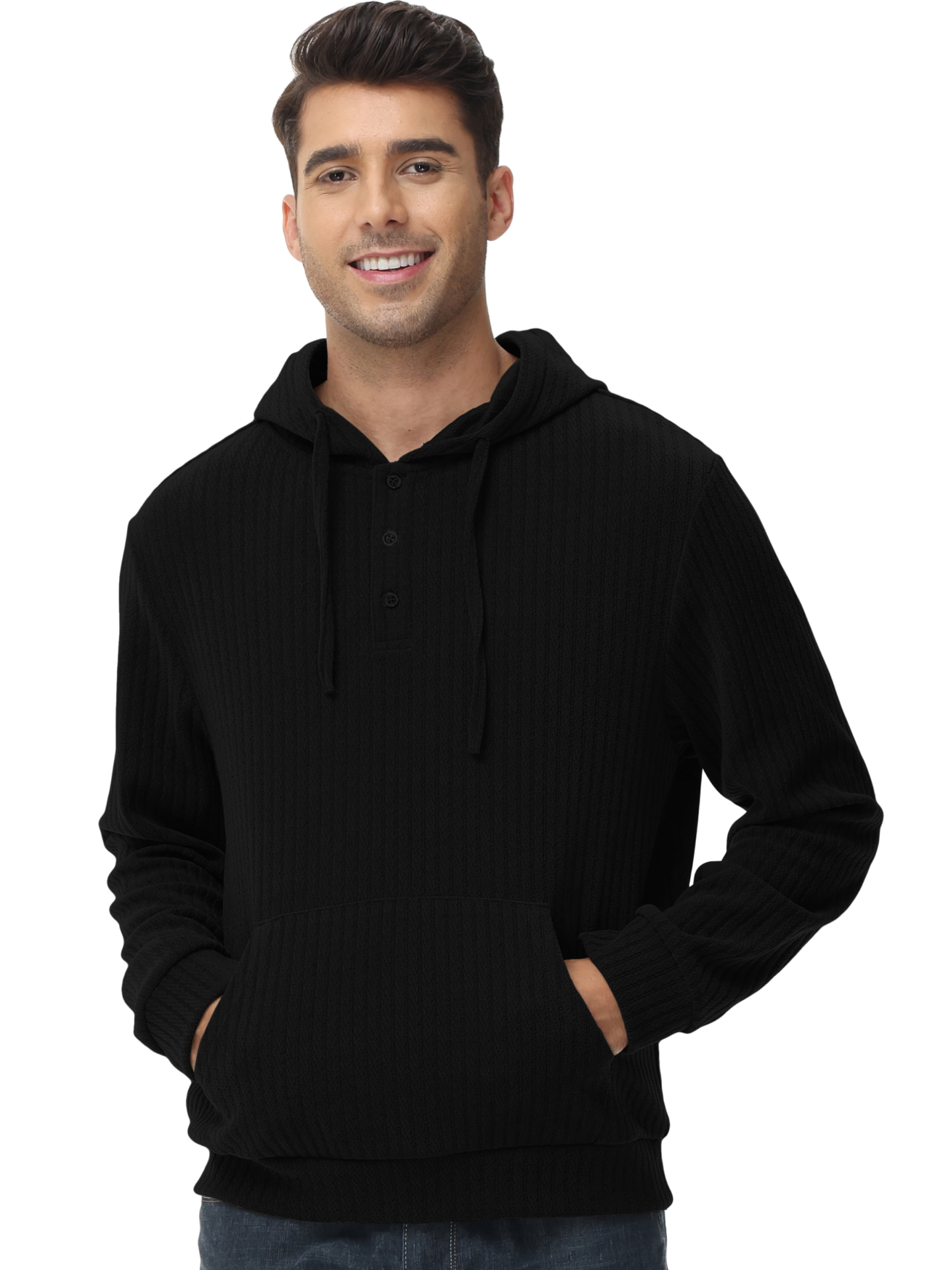 Mens Hooded Henley Sweatshirt Casual Long Sleeve Drawstring Waffle Knit Pullover Hoodies Black M