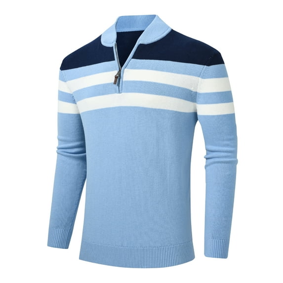 Yuyangdpb Men's Sweaters 1/4 Zip Up Lightweight Casual Striped Pullover Polo Sweaters Greyblue L