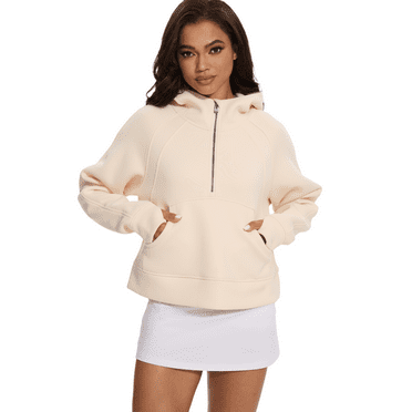 Xidunhg Women's Hoodies Half Zip Long Sleeve Fleece Lined Crop Pullover Sweatshirts with Pockets Thumb Hole Apricot S
