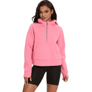 Xidunhg Women's Hoodies Half Zip Long Sleeve Fleece Lined Crop Pullover Sweatshirts with Pockets Thumb Hole Black L