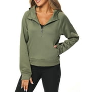 Yuyangdpb Womens Half Zipper Hoodies Long Sleeve Crop Hooded Fleece Pullover Sweatshirts with Thumb Hole Army Green L