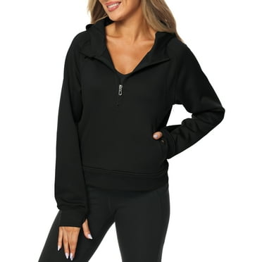 Yuyangdpb Womens Half Zipper Hoodies Long Sleeve Crop Hooded Fleece Pullover Sweatshirts with Thumb Hole Black L