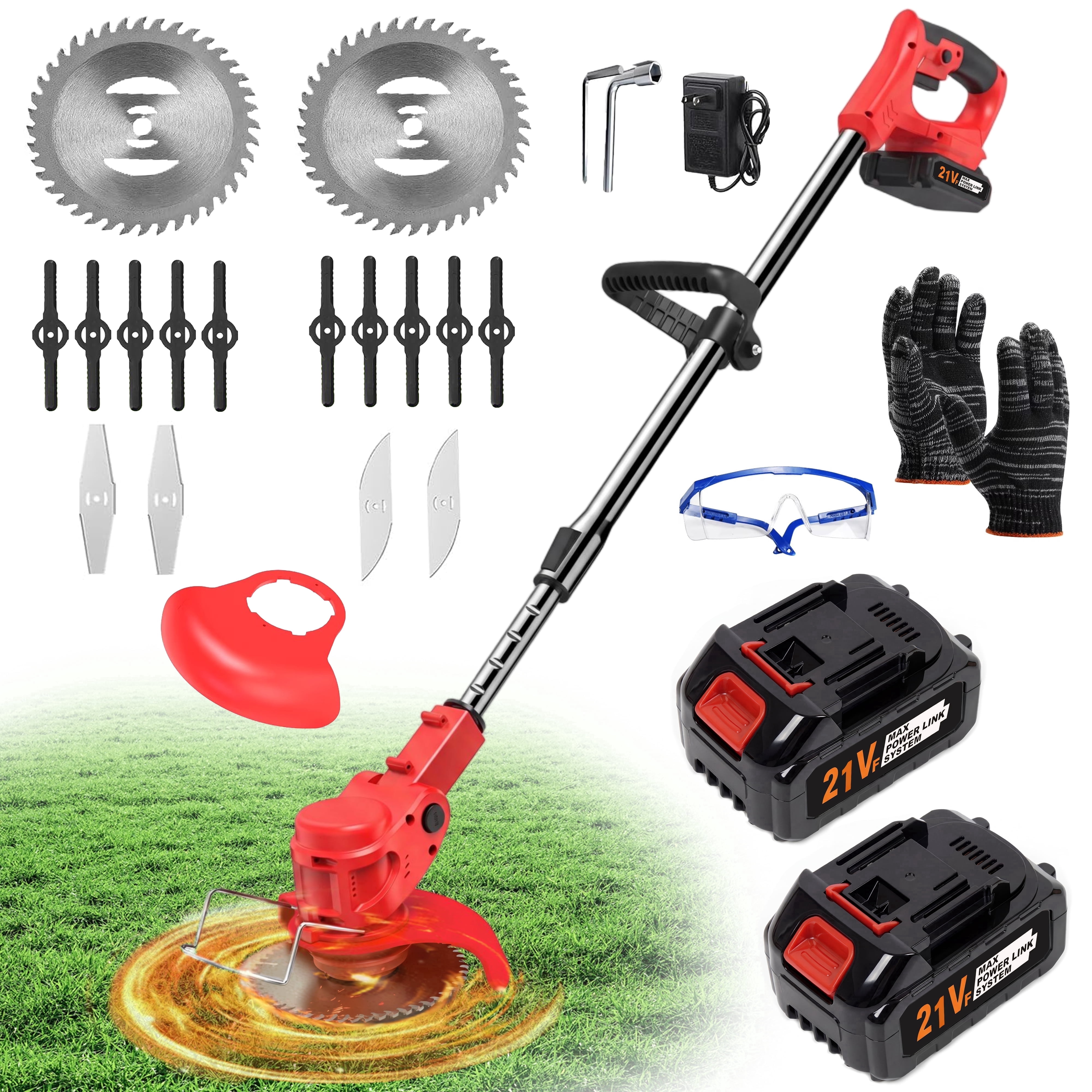 Yuyongr Weed Wacker Cordless String Trimmer with Wheels,2*2000mAh Cordless String Trimmer with 4 Types Cutting Blade,Weed Eater Grass Trimmer/Lawn Mower,(No Wheel)