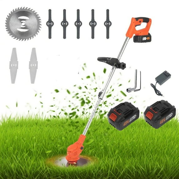 Yuyongr Weed Wacker Cordless Weed Eater, 6000mAh Cordless String Trimmer with 3 Types Cutting Blade,Gloves & Goggles Lawn Mower for Yard Lawn and Garden,Two battery