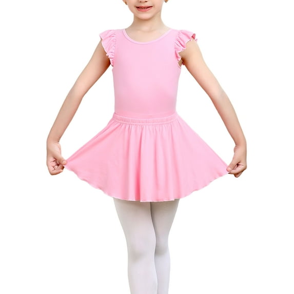 Yuyuekeji Cute Ballet Leotards for Girls, Soft Ruffle Short Sleeve Leotard for Girls Dance with Dance Skirt, HotPink 10-11 T