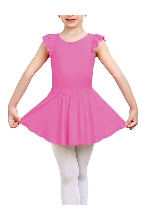 Elegant Ruffle Short Sleeve Dance Leotard for Girls, Ballet Leotards for Girls with Dance Skirt Rose 8-9 T