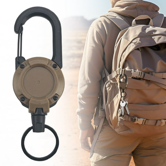 Yuzewen Retractable Keychain Heavy Duty Carabiner Badge Holder, Tactical Id Badge Reel with 23.6" Steel Retractable Cord - Khaki