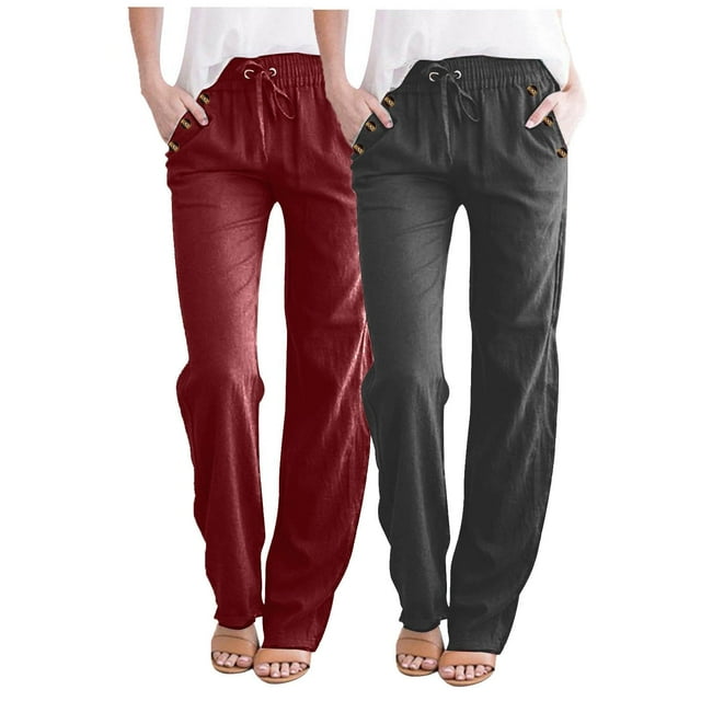 Yuzhih 2 Pack Women's Cotton Linen Pants 2024 Fall Casual Loose Drawstring High Waist Tapered Pants with Pockets