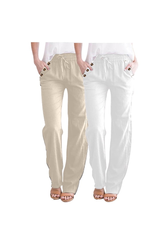 2 Pack Women's Cotton Linen Pants Fall Casual Loose Drawstring High Waist Tapered Pants with Pockets