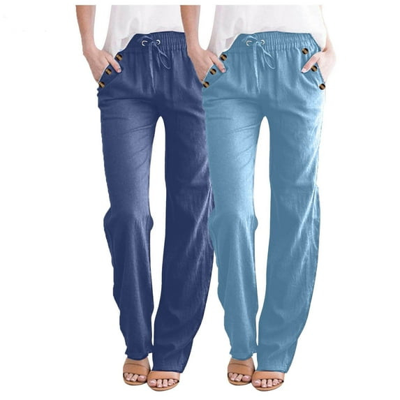 Yuzhih 2 Pack Women's Cotton Linen Pants 2024 Fall Casual Loose Drawstring High Waist Tapered Pants with Pockets