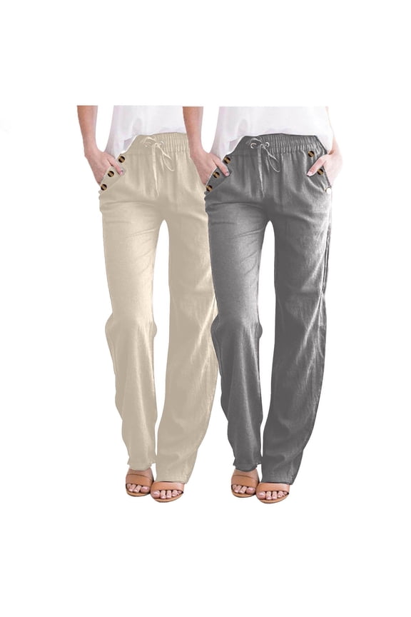 2 Pack Women's Cotton Linen Pants Fall Casual Loose Drawstring High Waist Tapered Pants with Pockets