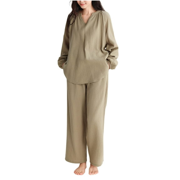 Yuzhih 2 Pack Womens Pajamas Set Long Sleeve Soft V Neck Sleepwear Shirt and Long Pants Pj Lounge Sets