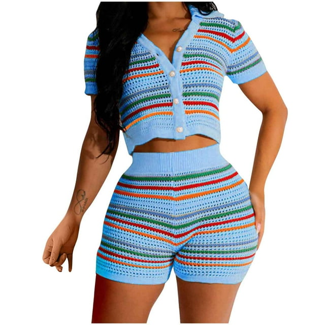 Yuzhih 2 Piece Crochet Knit Sets for Women Fashion Collared V Neck Button down Crop Tops with Shorts Summer Matching Sets