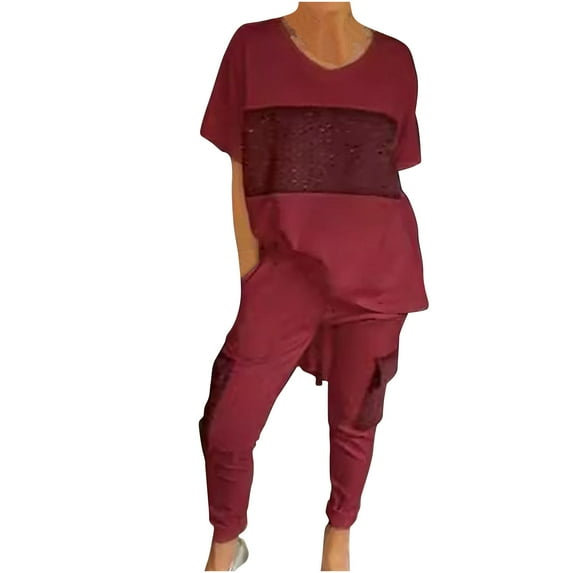 XuJwPNcy 2 Piece Outfits for Women Sequin Patchwork Short Sleeve Top and Pants Sets Plus Size Lounge Set with Pockets