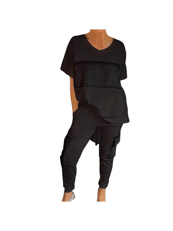 2 Piece Outfits for Women Sequin Patchwork Short Sleeve Top and Pants Sets Plus Size Lounge Set with Pockets