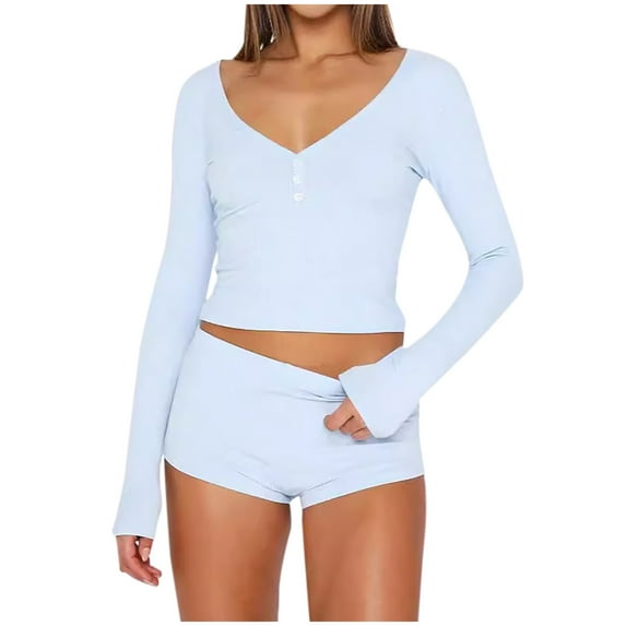 XuJwPNcy 2 Piece Pajama Sets for Women Ribbed Knit Sleepwear V Neck Long Sleeve Crop Top and Shorts Lounge Set